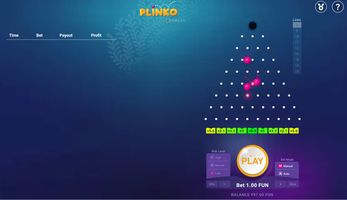 Plinko con bolas rosadas cayendo; premios de 0.5x a 5.6x.