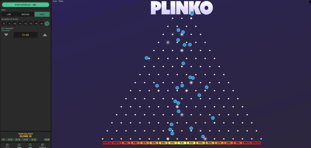 Múltiples bolas en Plinko; multiplicadores de 0.2x a 1,000x.
